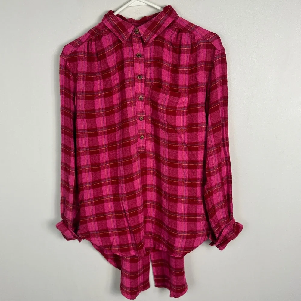 Anthropologie Isadora Pink Button Back Plaid Tunic Top Womens Size Small Popover - Picture 12 of 16